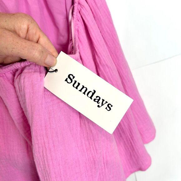 NWT Sundays Dress Gauze Cotton Small Pink Mini Open zip Back Short Puff Sleeve - Picture 15 of 16